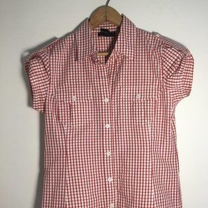 Tracy M fitted cap sleeve, button front blouse, red and white check, size S